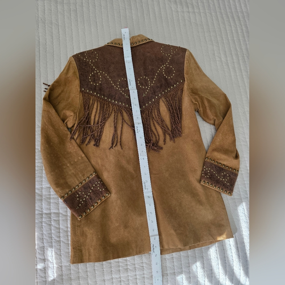 Womans Scully Leather Western Jack Two-Tone Brown Suede Fringe Stud Jacket - Picture 8 of 9